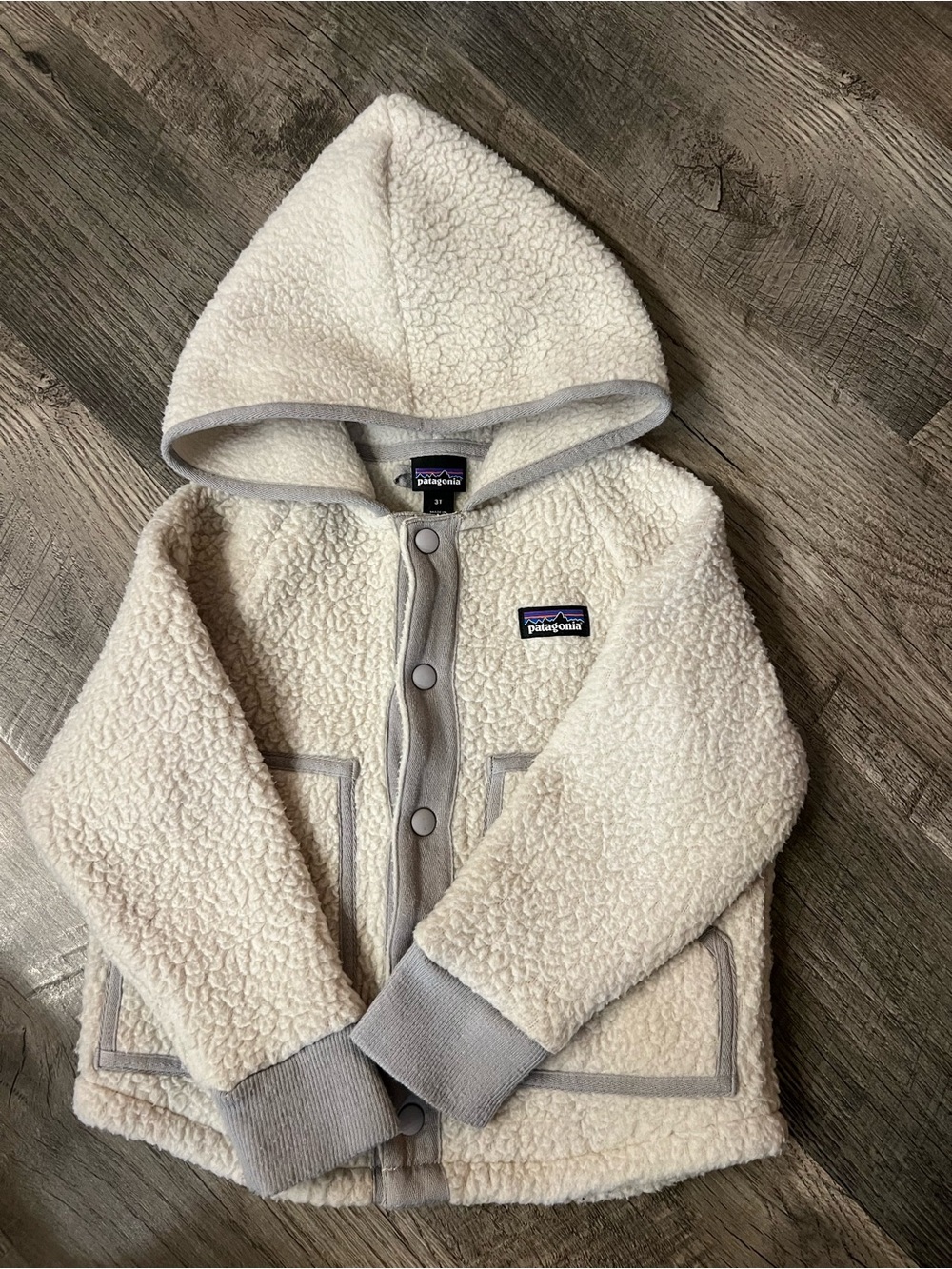 3T Kids Patagonia Cream Sherpa Hooded Jacket with Gray Accents